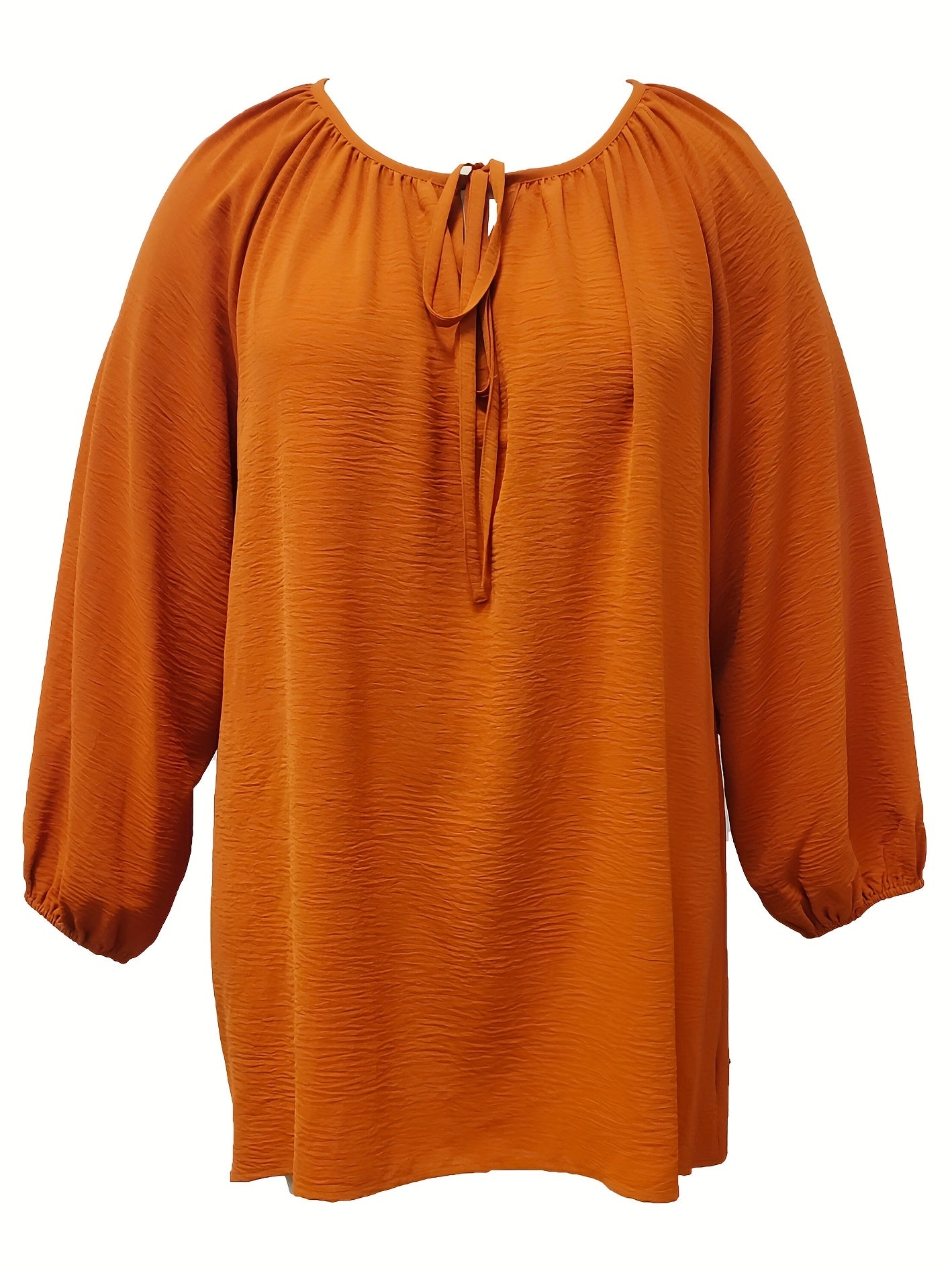 Solid Long Sleeve Round Neck Keyhole Tie Blouse