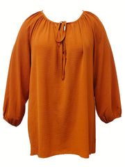 Solid Long Sleeve Round Neck Keyhole Tie Blouse