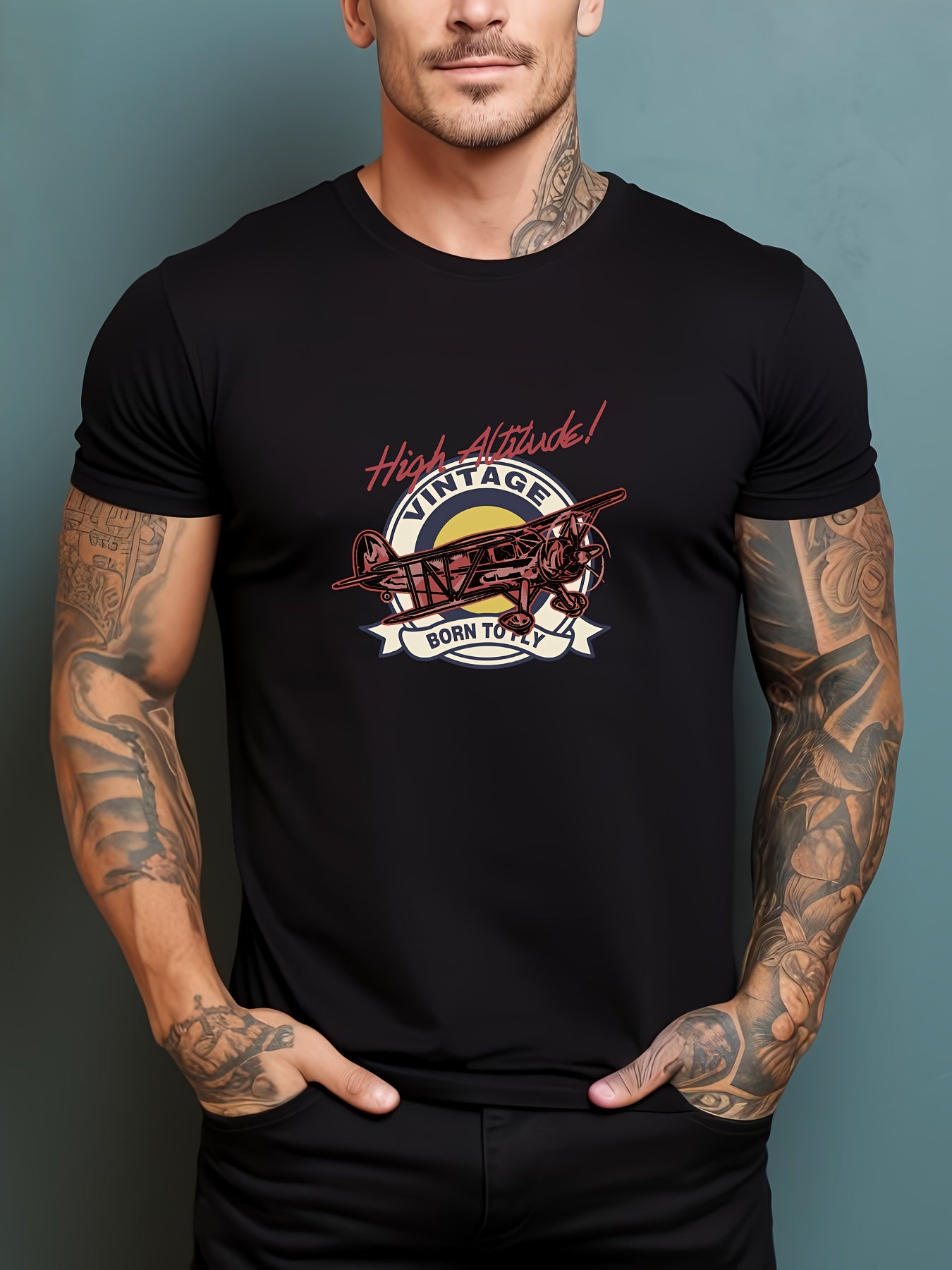 Men's Plane Print Graphic Crew Neck T-shirt for Summer