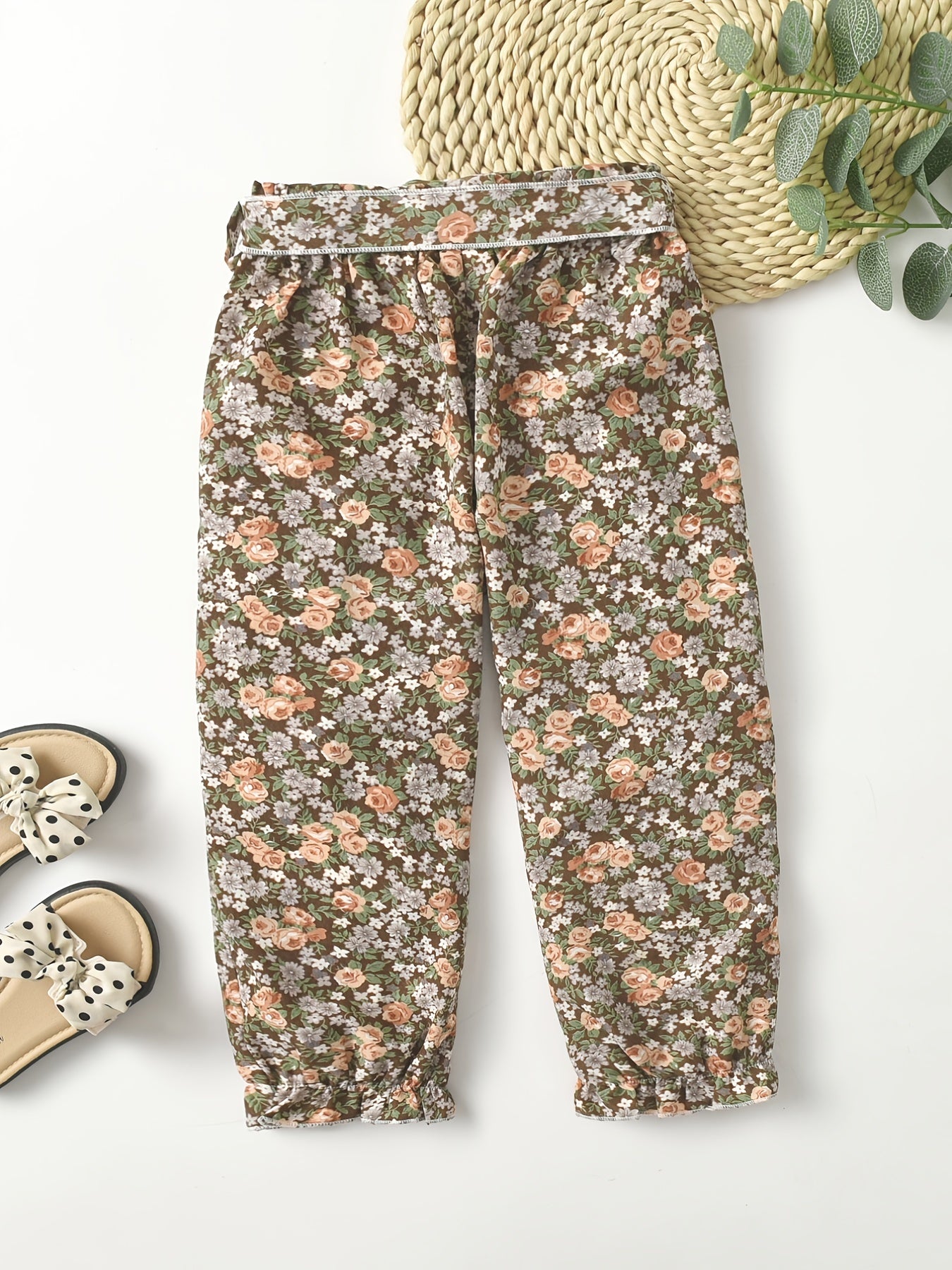 Girls Floral Trousers Elastic Waist Belted Frill Trim Pants