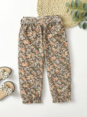 Girls Floral Trousers Elastic Waist Belted Frill Trim Pants