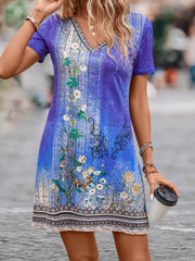 Floral Print V Neck Plus Size Mini Dress