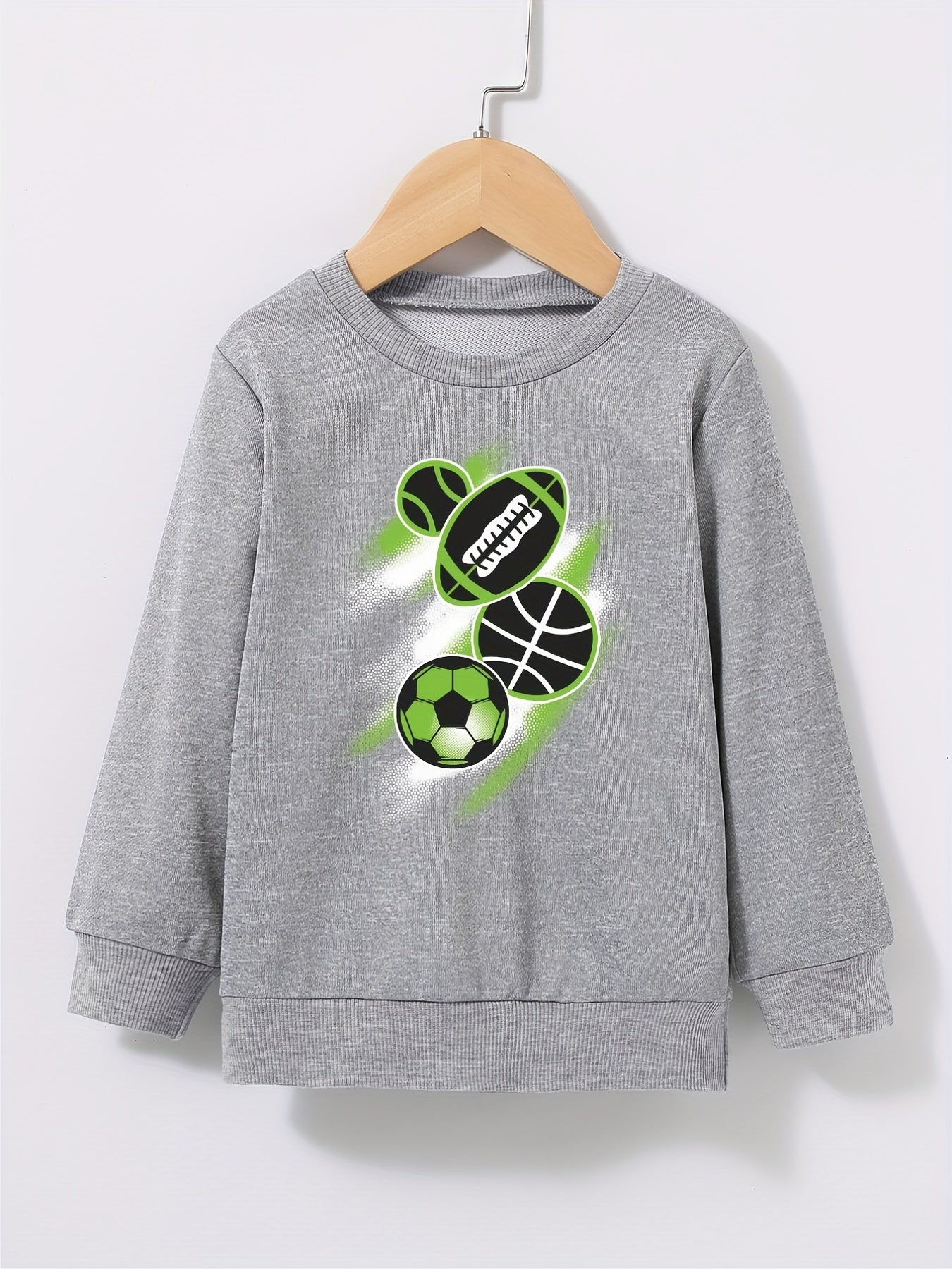 Ball Print Boys Pullover Sweatshirt Long Sleeve Crew Neck Tops Kids Clothing