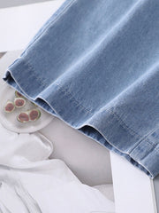 Girls Casual Jeans Bear Embroidery Elastic Waist Wide Leg Jeans