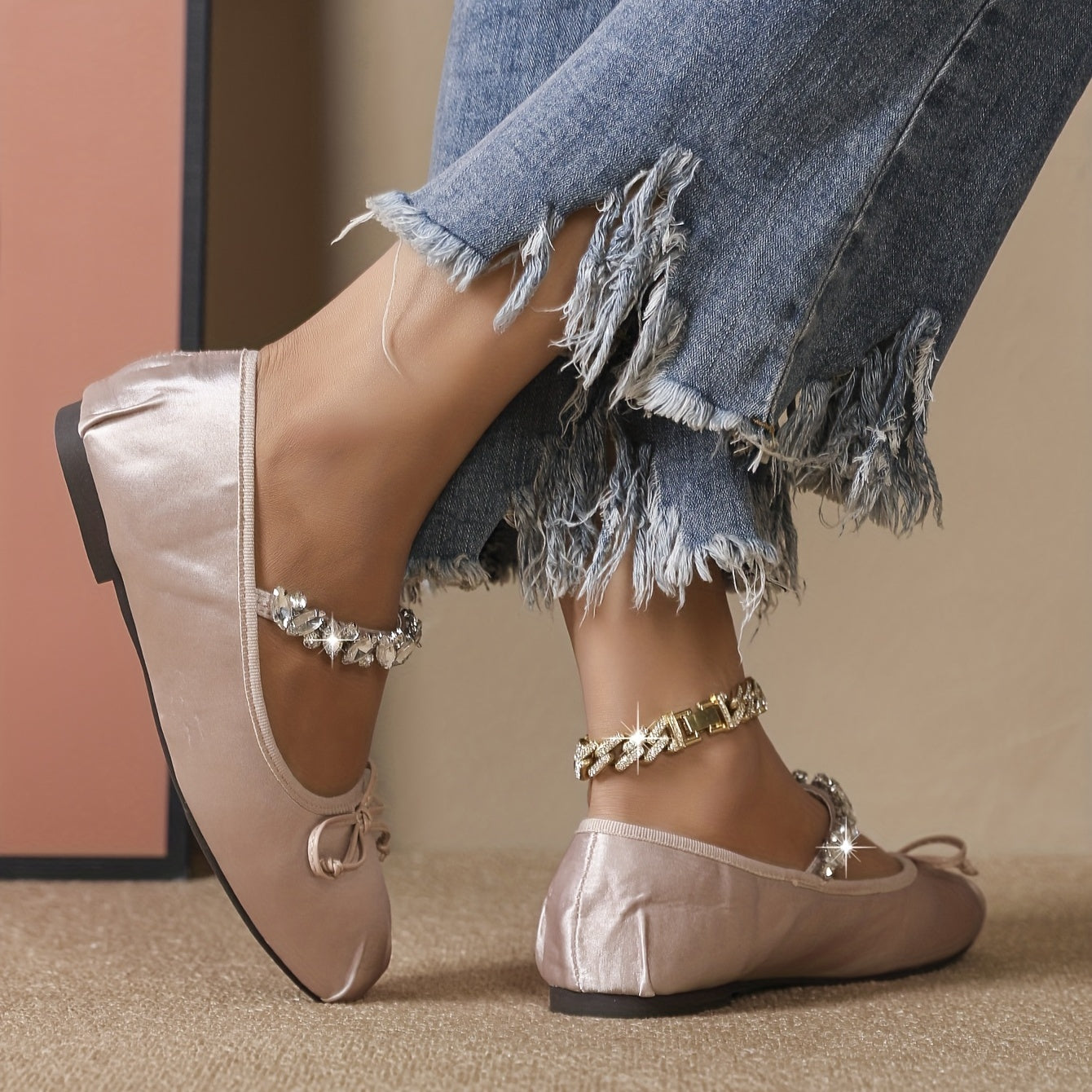 Women's Rhinestone Strap Ballet Shoes Square Toe Lightweight Walking Shoes