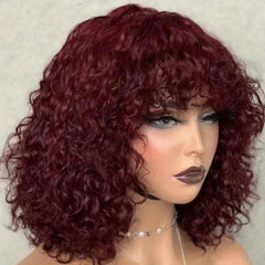 Short Curly Bob Fringe Human Hair Wigs with Bangs
