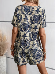 Ethnic Floral Print Set V Neck Tee & Wide Leg Shorts Women's Clothing