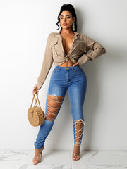 Laced Cutout Skinny Jeans High Rise Slim Fit Jeans With Lace Up Holes