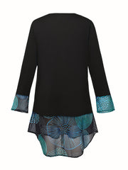 Colorblock Graphic Print Long Sleeve Round Neck Dress With Pockets