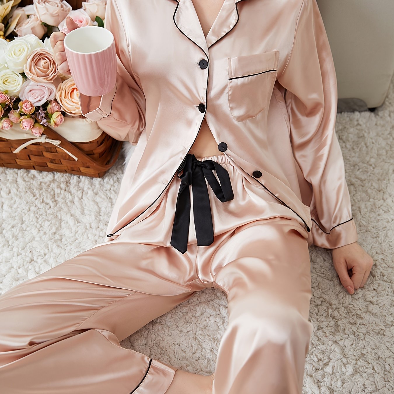 Satin Pajama Top & Pants Set Lightweight Loungewear Sleepwear