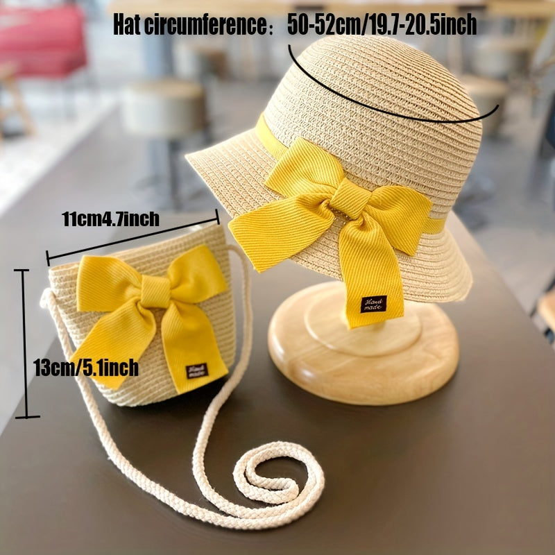 Girls Bow Decor Straw Hat & Bag Set for Outdoor Activities
