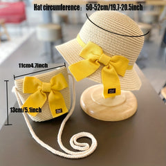 Girls Bow Decor Straw Hat & Bag Set for Outdoor Activities