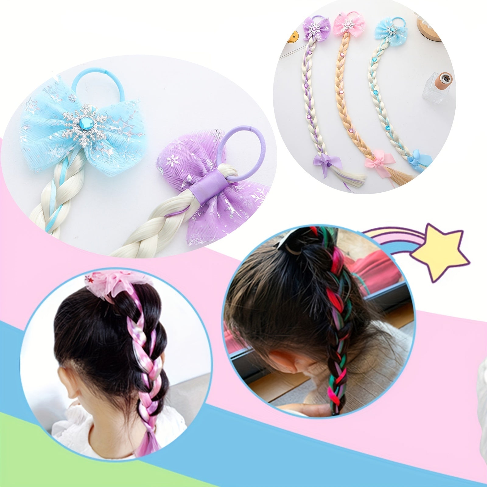 3pcs Colorful Wig With Bow Hair Ties for Girls