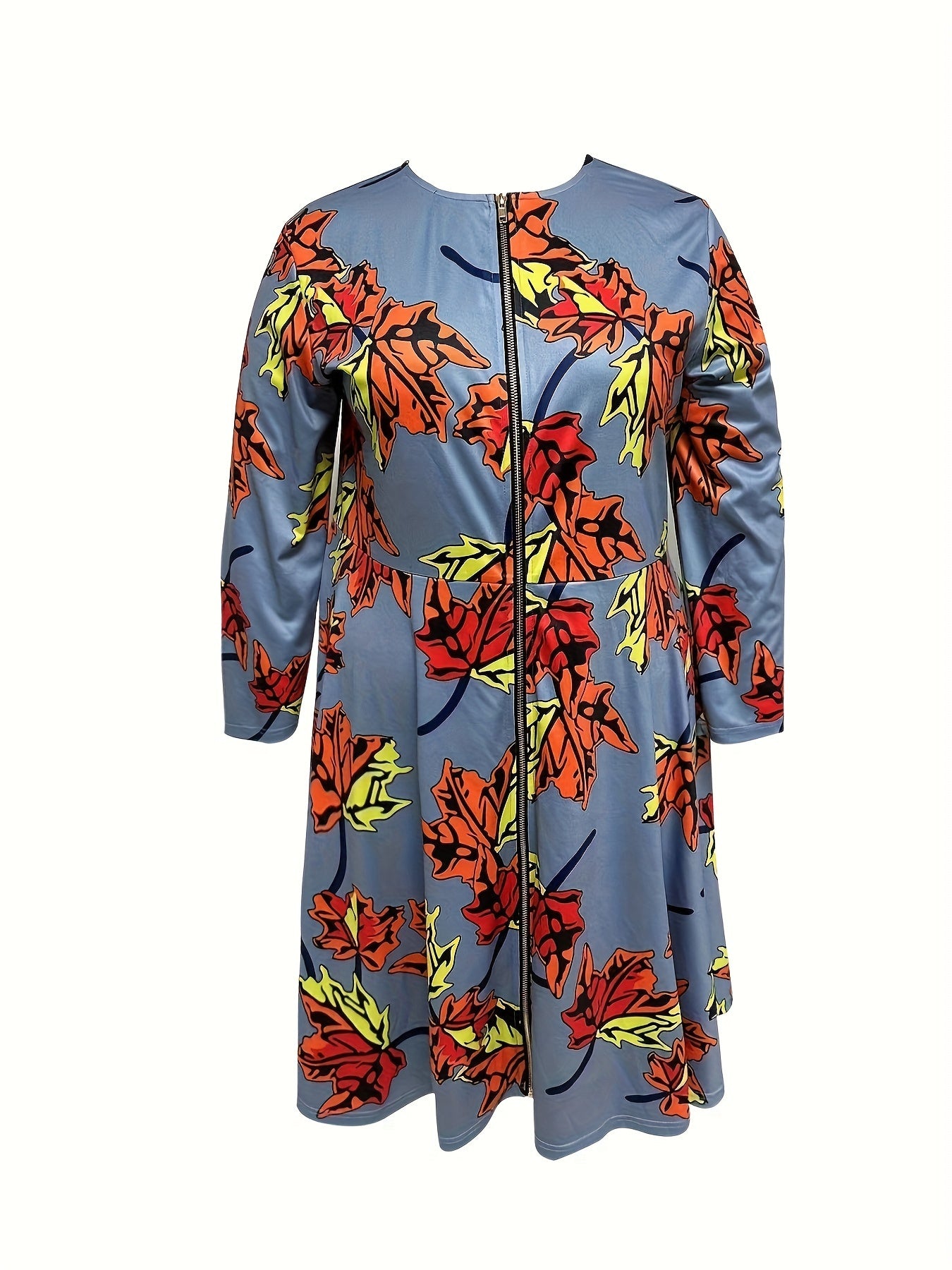 Maple Leaf Print Zipper Round Neck Dress