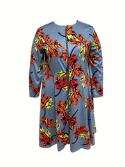 Maple Leaf Print Zipper Round Neck Dress