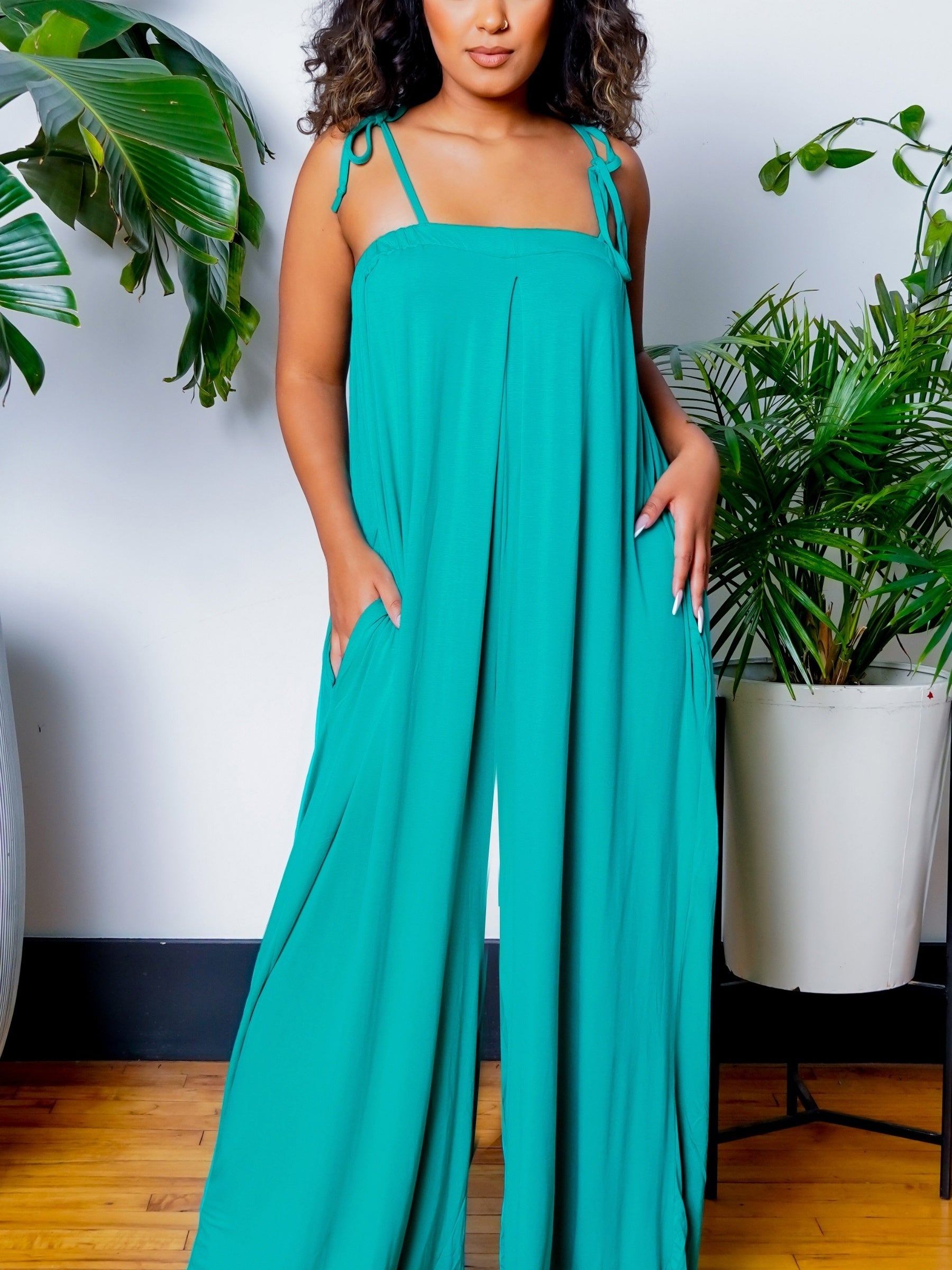 Solid Spaghetti Jumpsuit Casual Sleeveless Ruched Summer Loose Jumpsuit