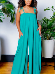 Solid Spaghetti Jumpsuit Casual Sleeveless Ruched Summer Loose Jumpsuit