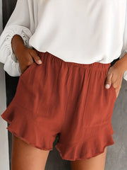 Boho Ruffle Trim Solid Shorts Casual Elastic Waist Summer Shorts With Pockets