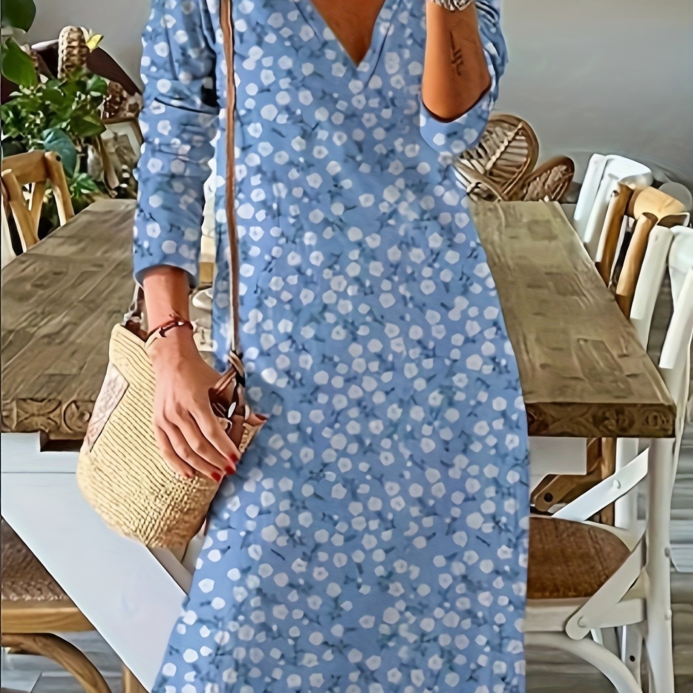 Boho Dress Women's Plus Floral Print V Neck Maxi Dress