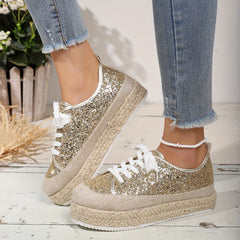 Women's Glitter Sequins Platform Sneakers Lace Up Espadrille Shoes