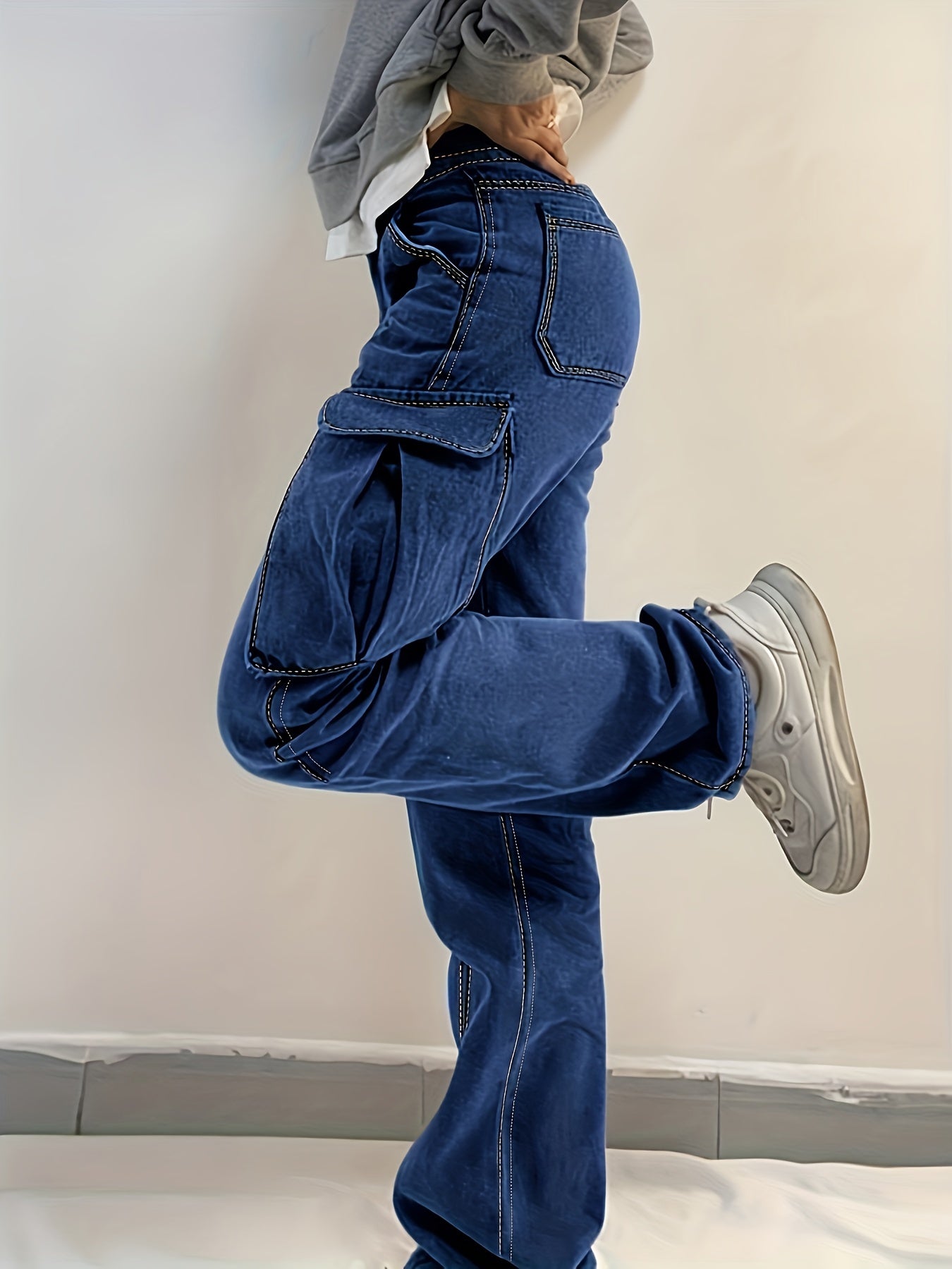 Side Flap Pocket Cargo Jeans Mid Waist Loose Fit Denim Pants