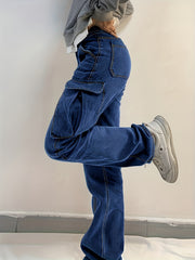 Side Flap Pocket Cargo Jeans Mid Waist Loose Fit Denim Pants