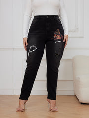 Goth Jeans Women's Plus Butterfly & Skull Print Ripped High Rise Jeans