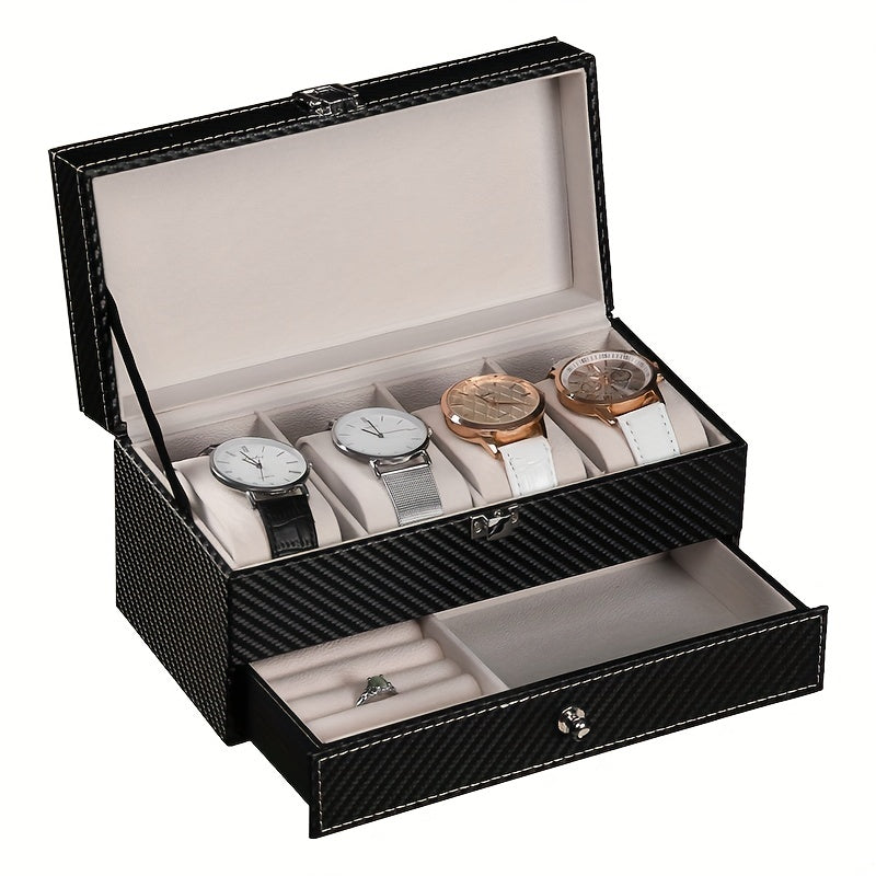 Men's 4 Slot Watch Display Box with Carbon Fiber Stand