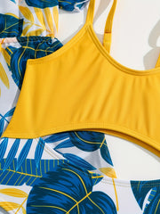 2pc Tropical Leaf Print One Piece Swimsuit & Cover Up Kimono