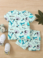 Dinosaur Full Body Print T shirt & Shorts Set Outfit For Boys Kids
