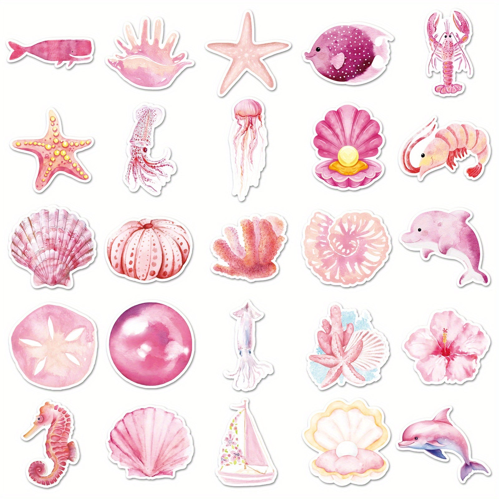 Set of 50 Pink Ocean Themed Cartoon Stickers for Decorating, Self Adhesive