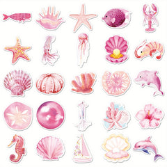 Set of 50 Pink Ocean Themed Cartoon Stickers for Decorating, Self Adhesive