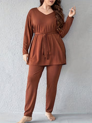 Ribbed Knit Lounge Set V Neck Top & Pants Pajama Set