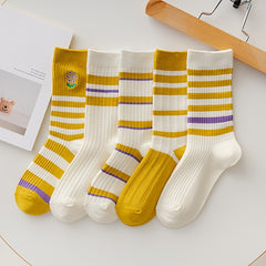 5 Pairs Striped Crew Socks Women's Stockings