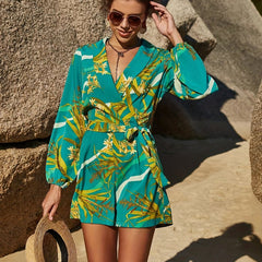 Floral Print Surplice Neck Romper Jumpsuit Long Sleeve Belted