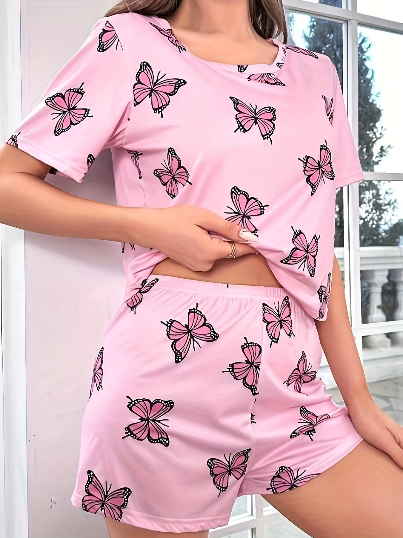 Butterfly Print Pajama Set Short Sleeve Crew Neck Top & Elastic Waistband Shorts