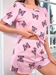 Butterfly Print Pajama Set Short Sleeve Crew Neck Top & Elastic Waistband Shorts
