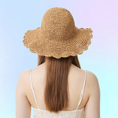 Brown Ruffles Straw Sun Hat Crochet Bucket Hat Wide Brim Beach Hats