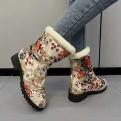 Women's Plush Snow Boots Mid Calf Comfortable Outdoor Sneakers