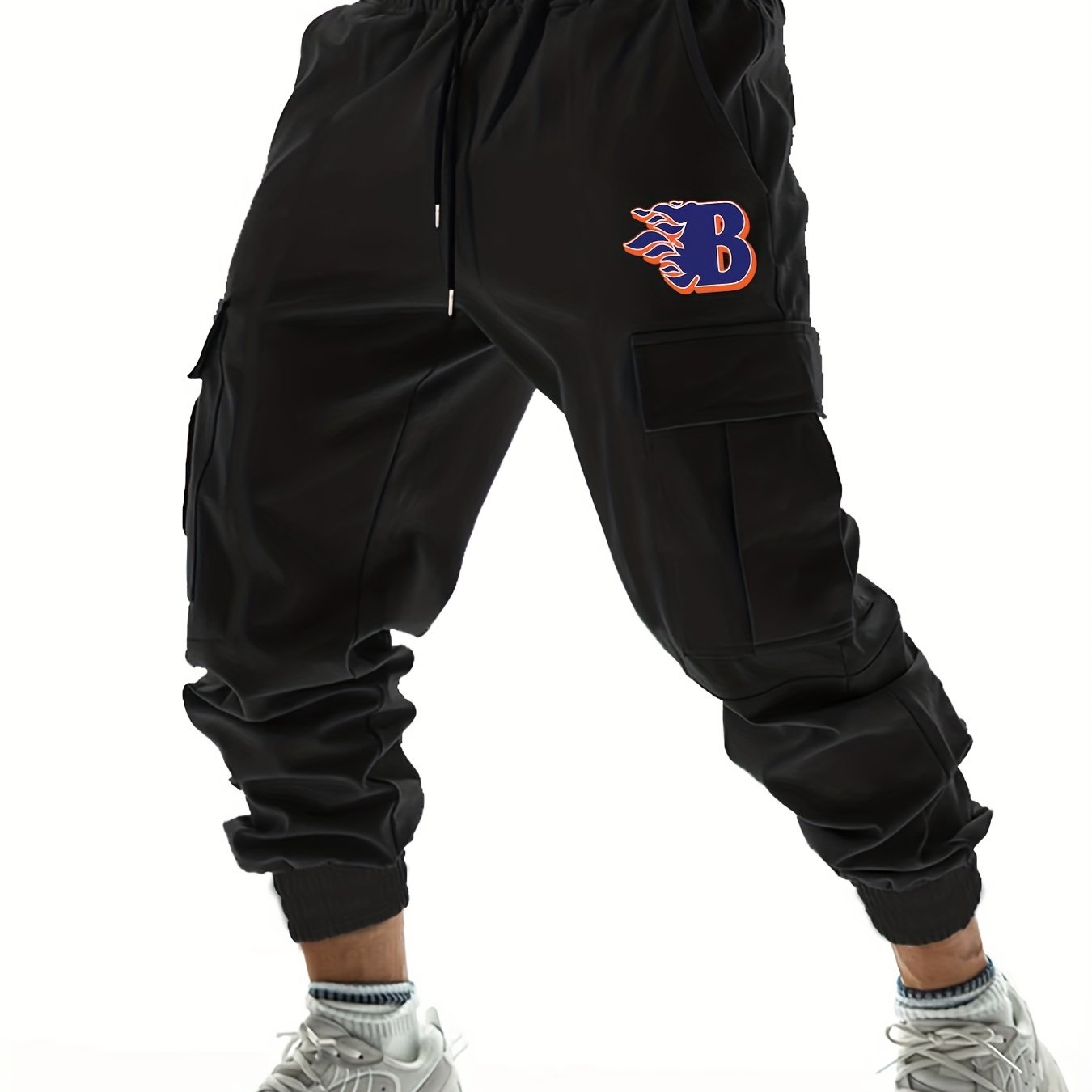 Men's B Letter Print Cargo Joggers, Spring/Fall Outdoor Pants