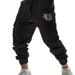 Men's B Letter Print Cargo Joggers, Spring/Fall Outdoor Pants