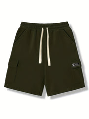 Letter Print Cargo Shorts Men's Casual Pocket Waist Drawstring Cargo Shorts