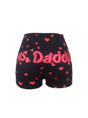 Casual Shorts Women's Plus Heart Letter Print Elastic High Rise