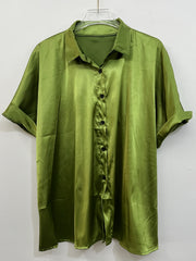 Solid Satin Button Up Short Sleeve Blouse