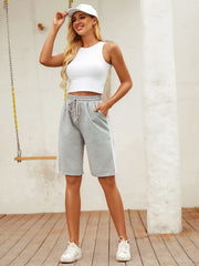 Striped Print Drawstring Shorts Casual Workout Elastic Waist Knee Length Shorts