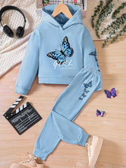 Butterfly Graphic Hoodie and Jogger Pants Sports Suit for Girls