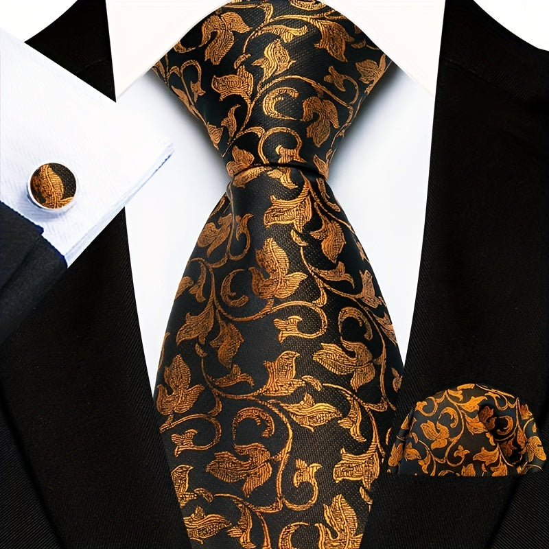 Men's Floral Plaid Necktie Handkerchief Clip Set