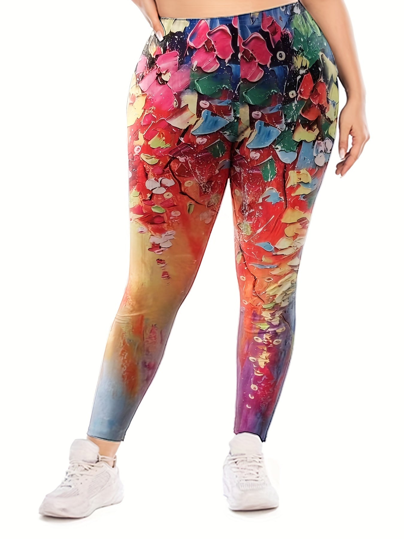 Floral Print Elastic Waist Leggings Medium Stretch