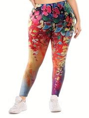 Floral Print Elastic Waist Leggings Medium Stretch