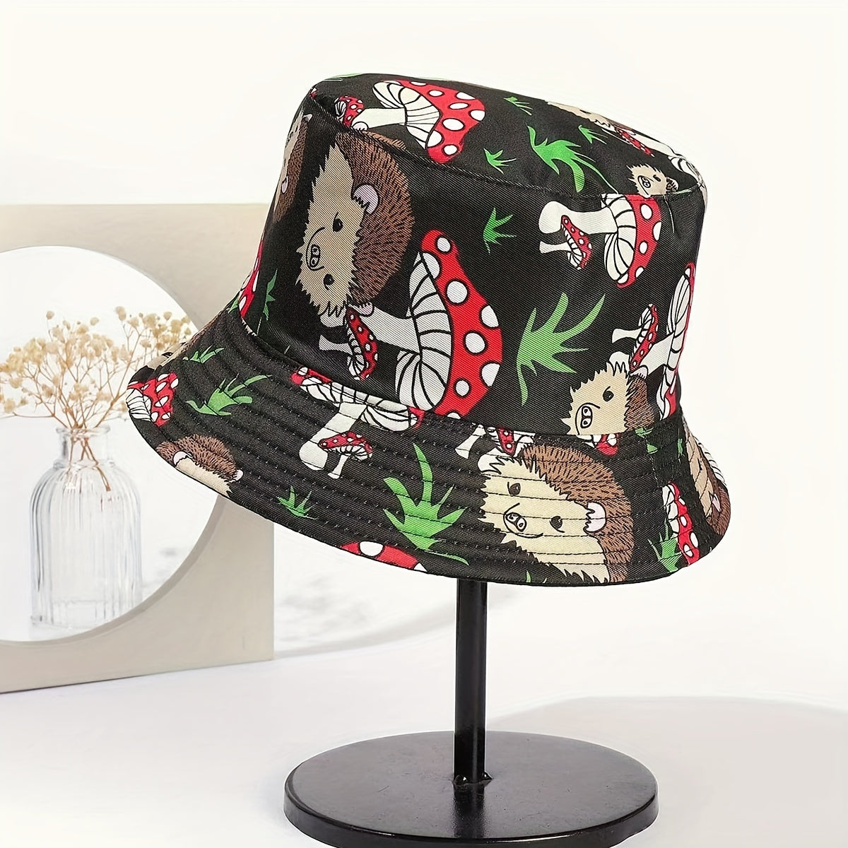 Unisex Sunshade Bucket Hat with Hedgehog Mushroom Print - Double Sided Sun Hat